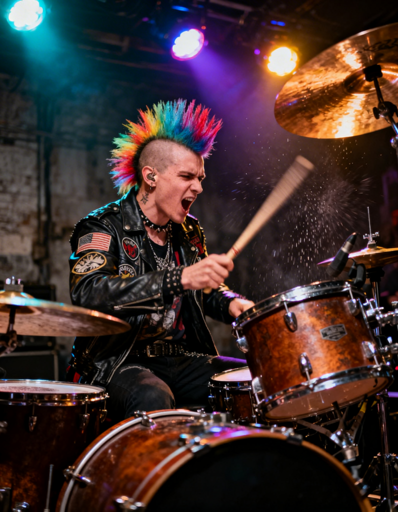 Punk-Drummer mit buntem Irokesenschnitt spielt energiegeladen Schlagzeug auf einer Bühne unter bunten Konzertlichtern.